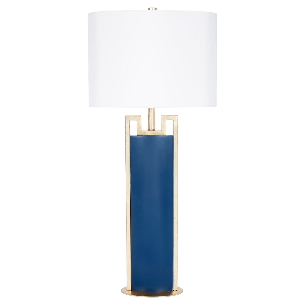 YVETTE PARISIAN BLUE AND GOLD TABLE LAMP WITH WHITE LINEN SHADE