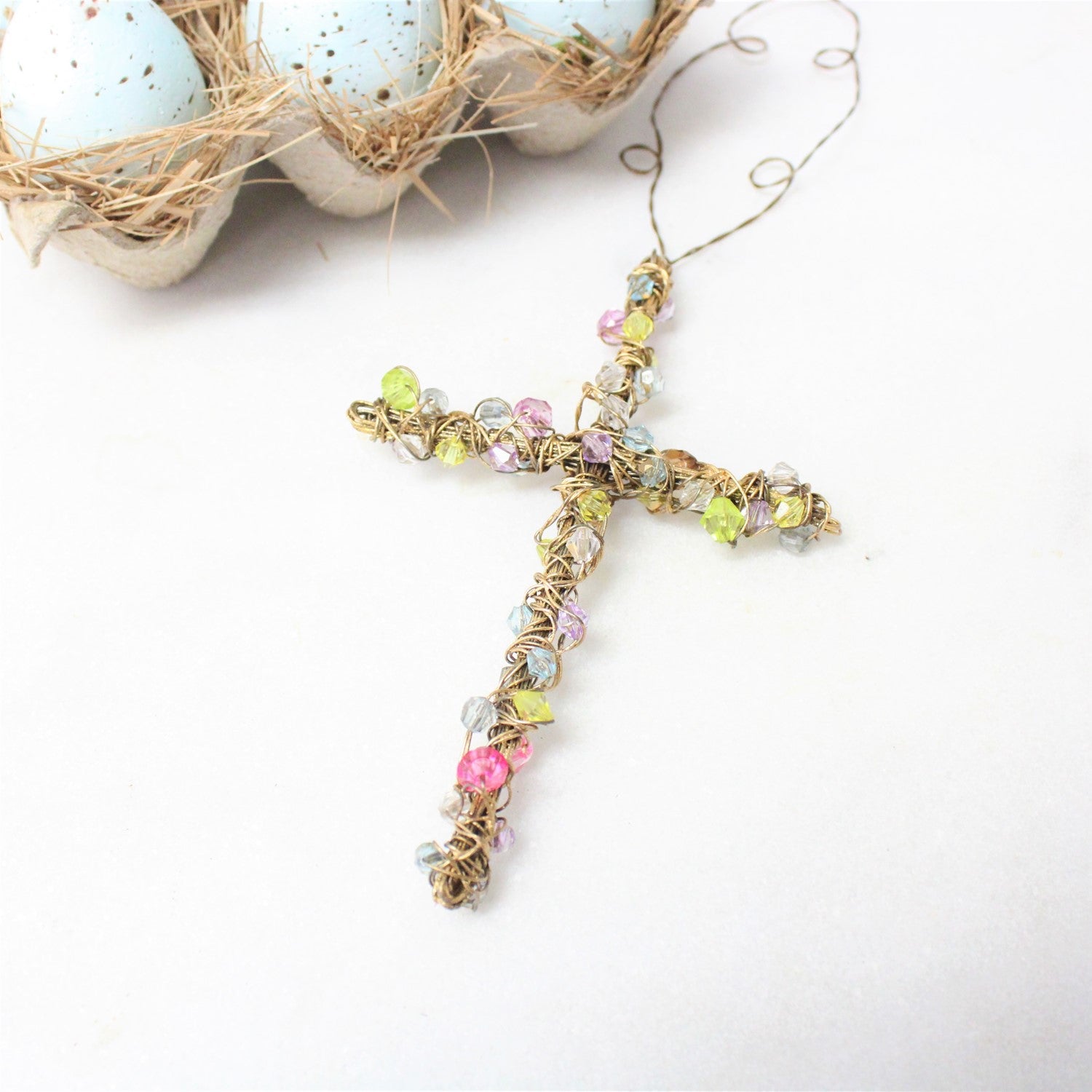 Gold Wire Cross with Multicolor Beads