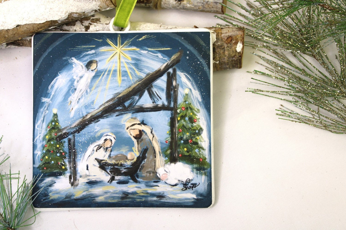 Double Sided Holy Family with Christmas Tree Metal Ornament