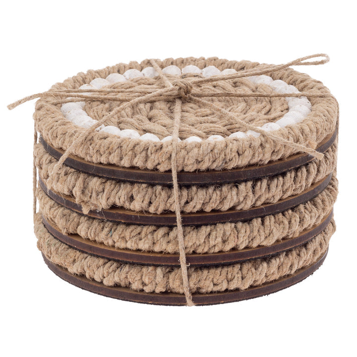 Natural Jute and White Beaded Coasters Set of 4
