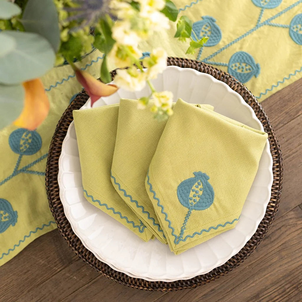 Pomegranate Crewel Chartreuse & Teal Napkins | Set of 4