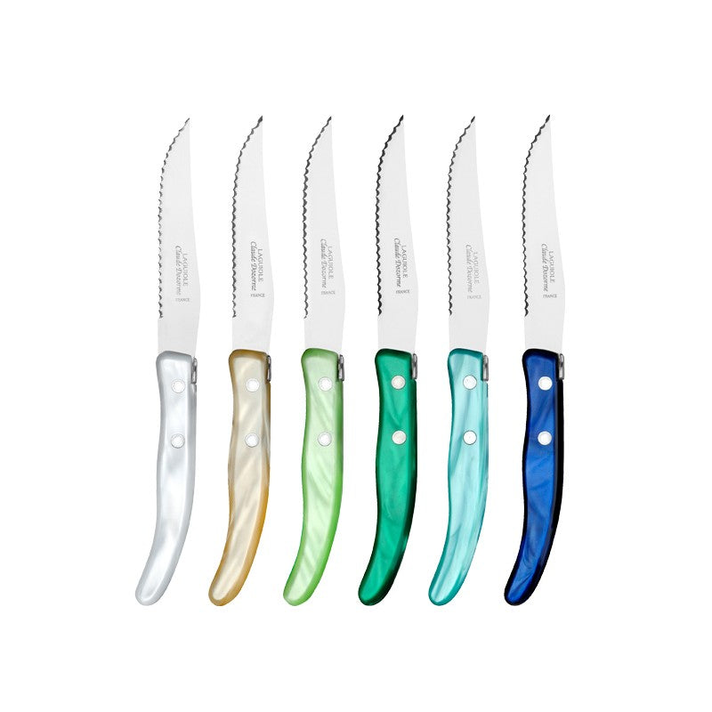 Berlingot Box of 6 Steak Knives | mixed blue-green handles