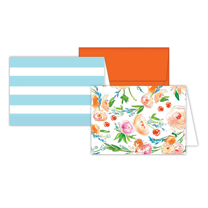Handpainted Floral/Cabana Stripe Blue Stationery Notes