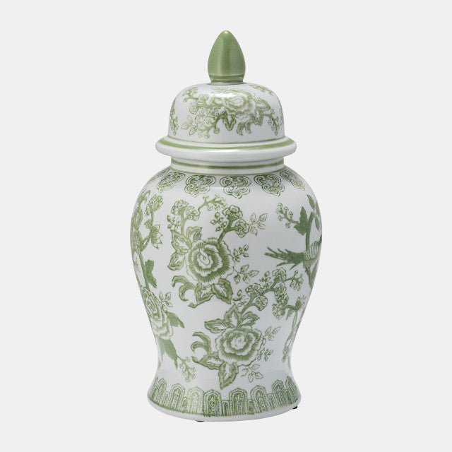 Cer, 14 Temple Jar Bird/Flower, Green