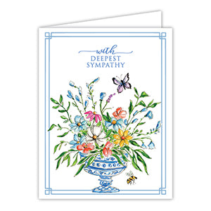 Handpainted Floral Arrangement with Bamboo Trellis Blue Greeting Card