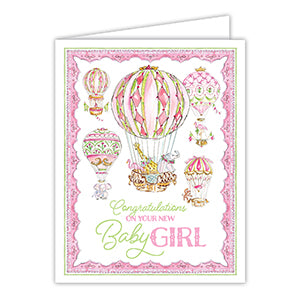 Handpainted Congratulations on your New Baby Girl Hot Air Balloons Greeting Card