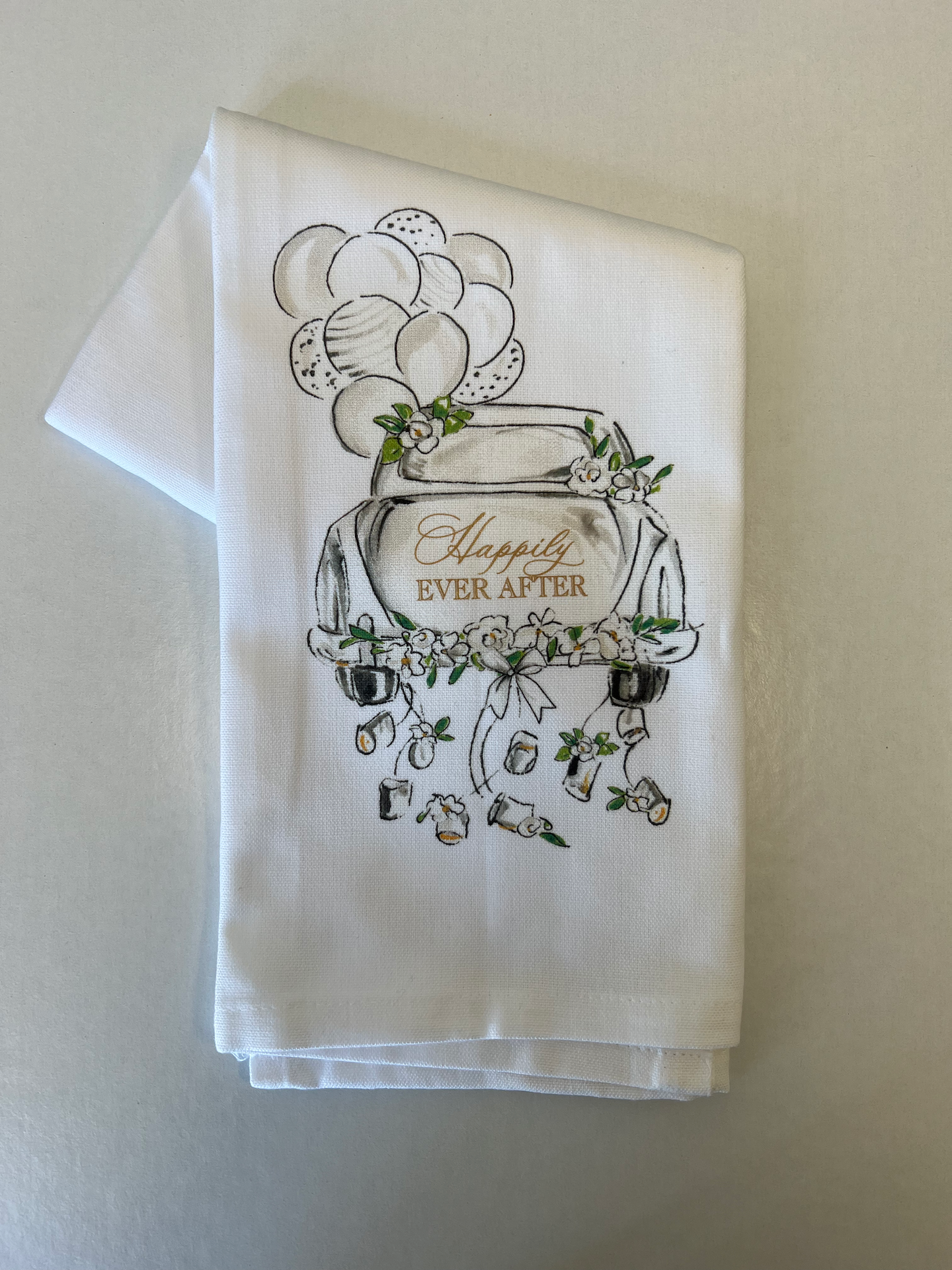 Kitchen Towel- Handpainted Happily Ever After Getaway Car