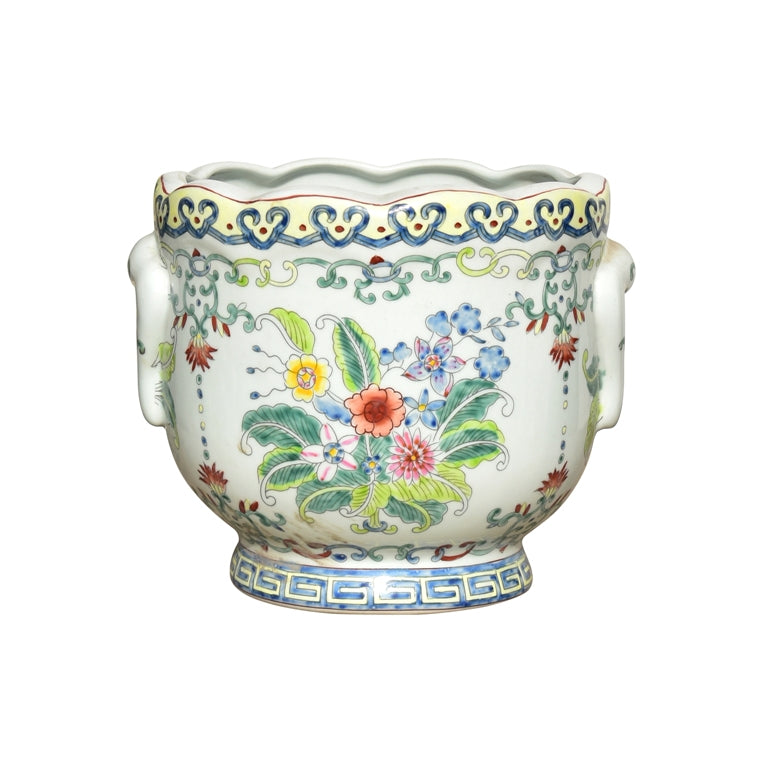 Blue/Yellow Trim Floral Porcelain Cachepot