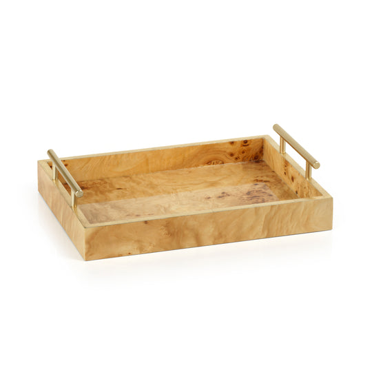 Leiden Burl Wood Rectangular Tray with Golden Handles - Medium