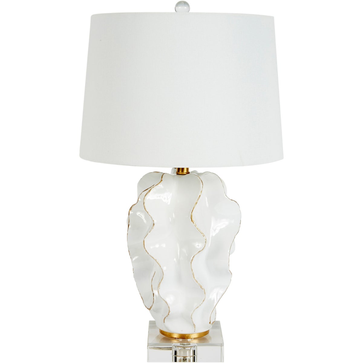 Hannah White Ceramic Wave Lamp With Gold Accents & White Linen Shade