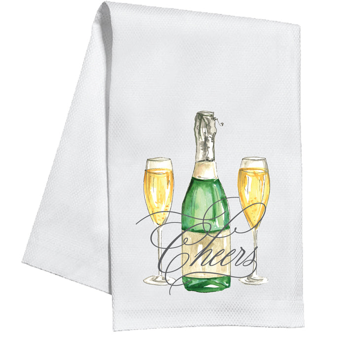 Cheers Handpainted Champagne and Flutes Tea Towel