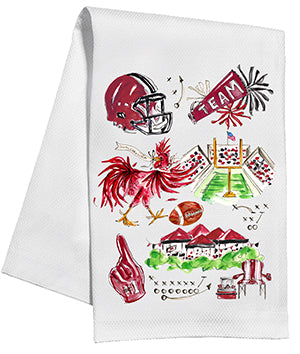 Handpainted Garnet & Black Gamecock Football Icons Tea Towel