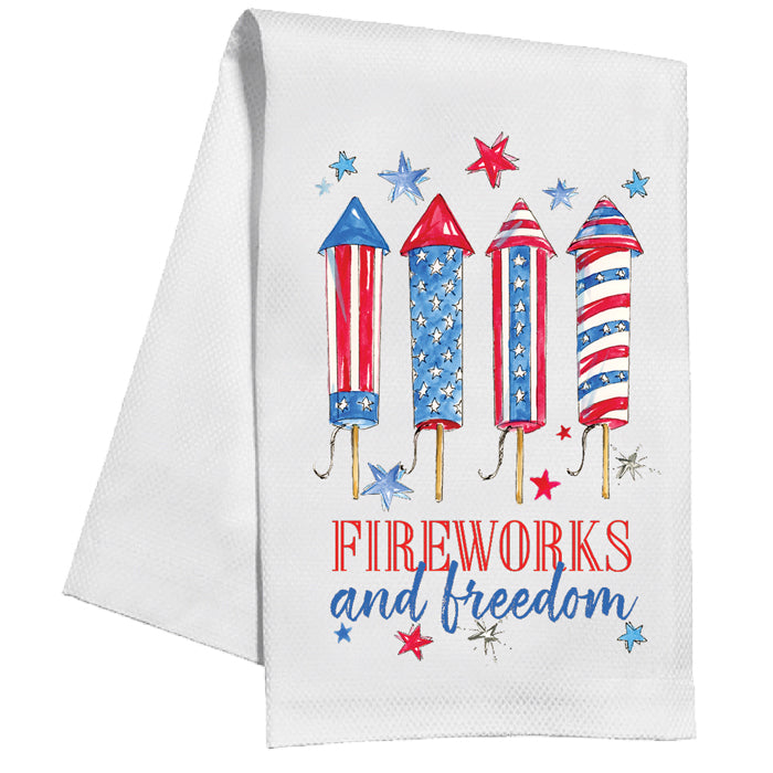 Handpainted Patriotic Rockets Fireworks and Freedom Tea Towel