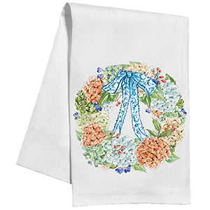 Hydrangea Wreath with Blue Bow Handpainted Tea Towel
