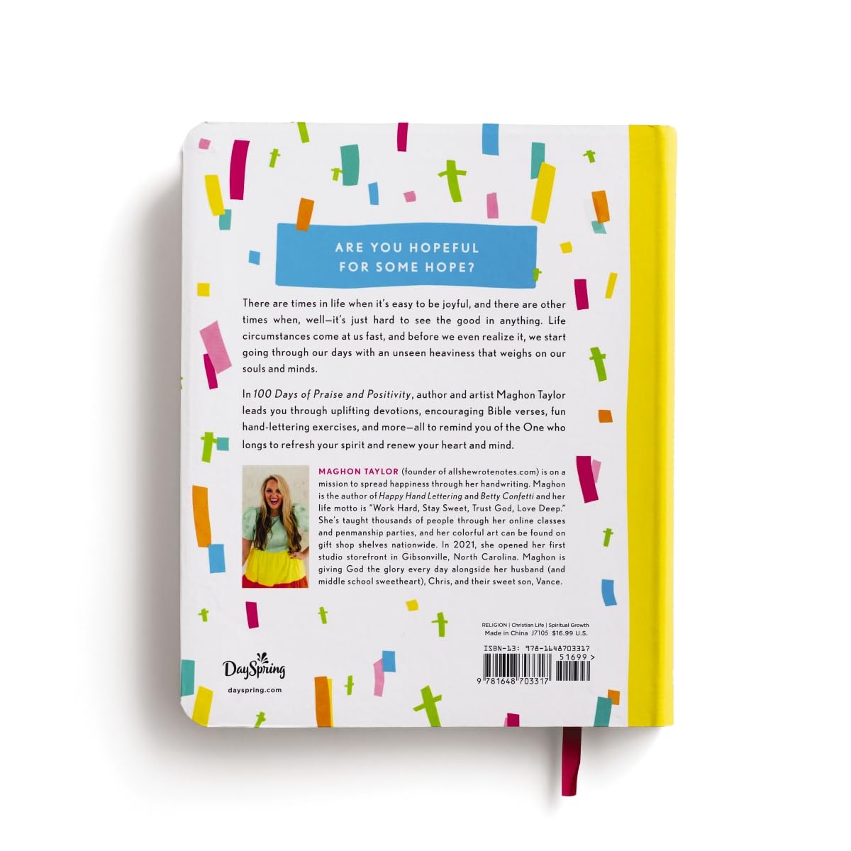 Book back cover with colorful design and text on a white background