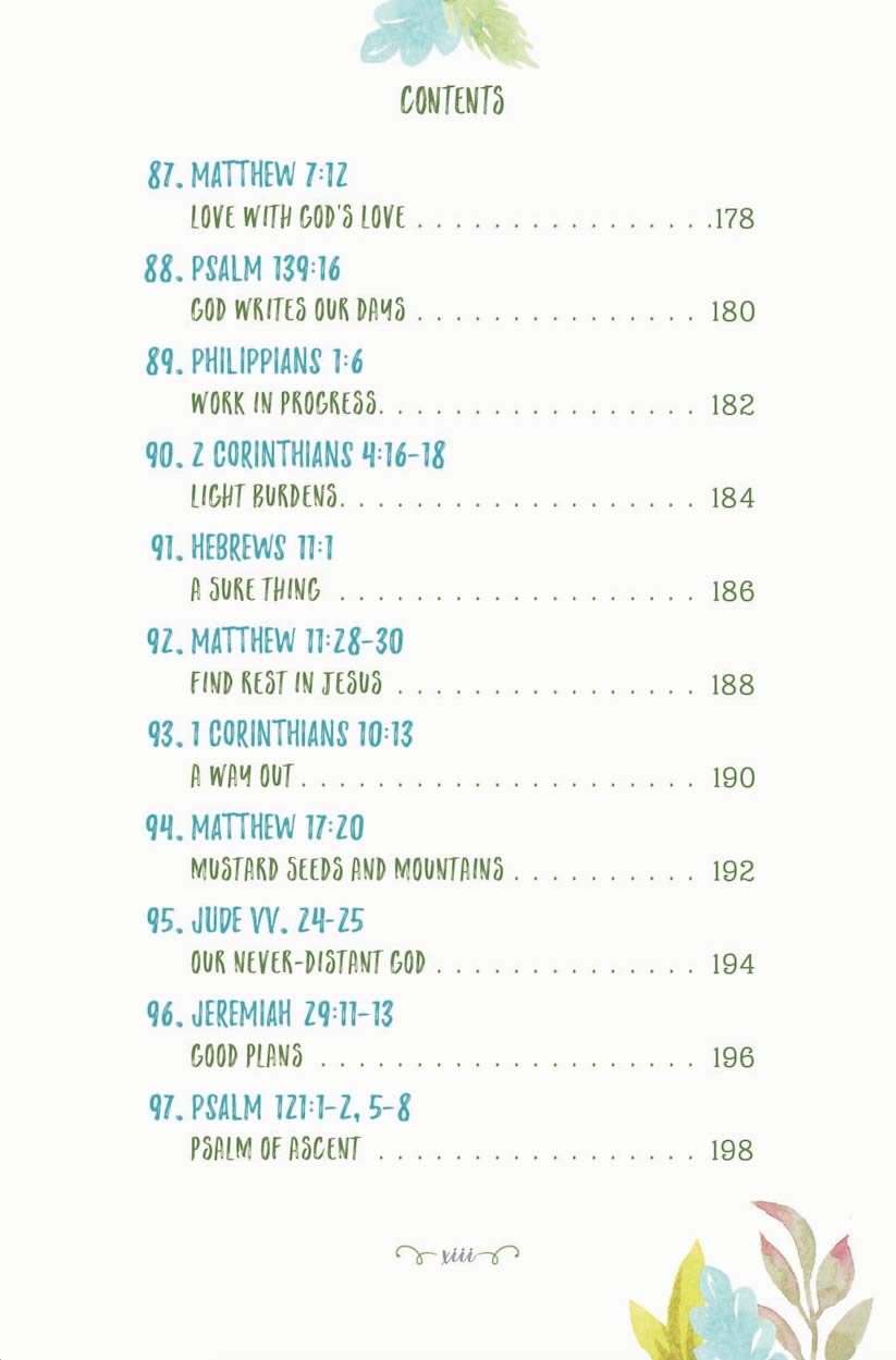 Table of contents with chapter titles and page numbers on a white background with floral elements.