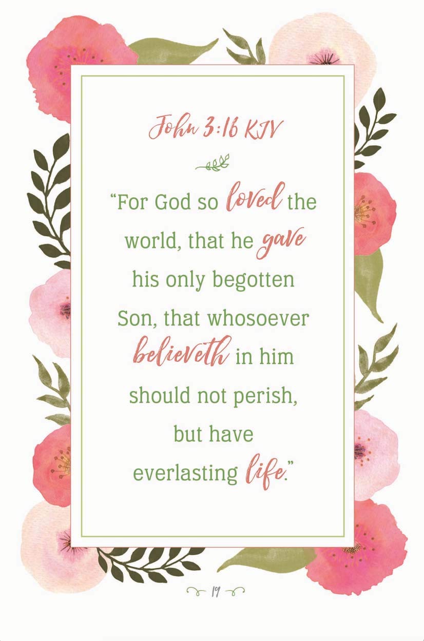 Floral design with John 3:16 KJV text on a white background