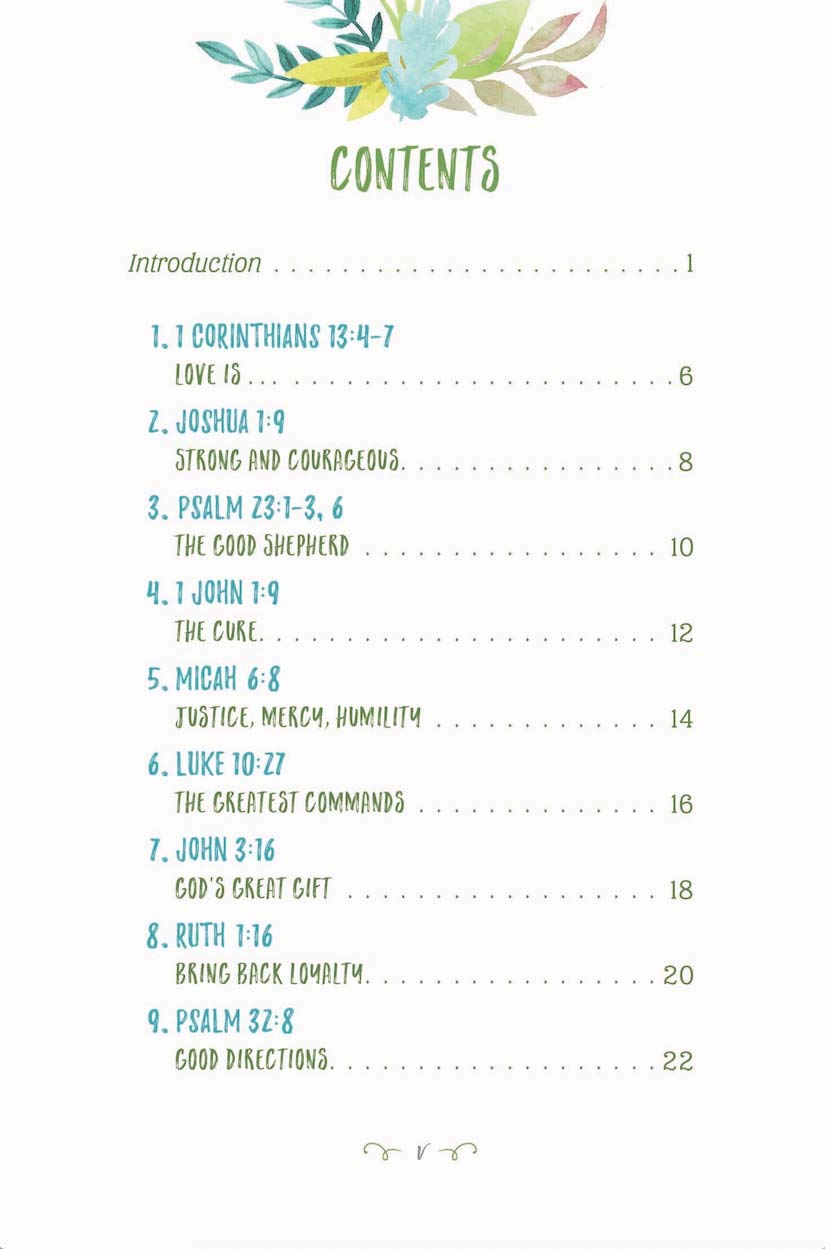 Table of contents with floral design on a white background