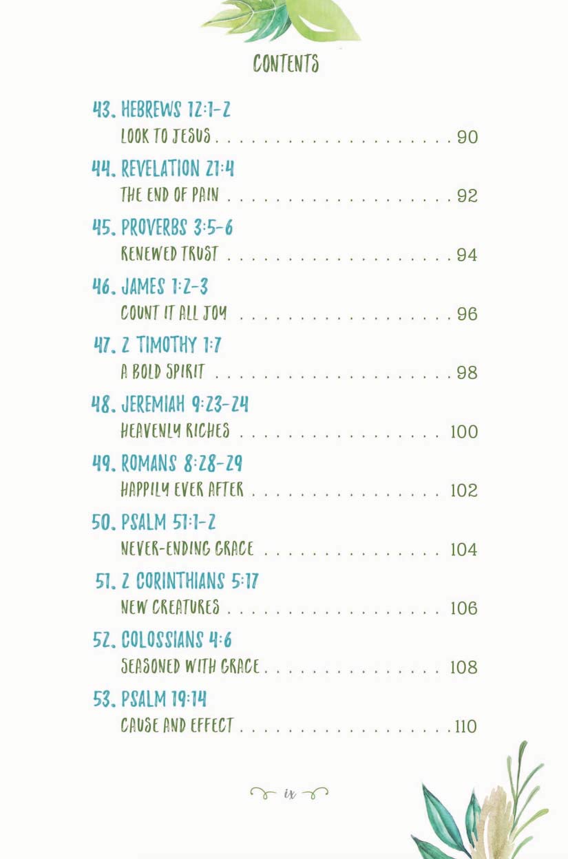 Table of contents with chapter titles and page numbers on a white background with green leaf designs.