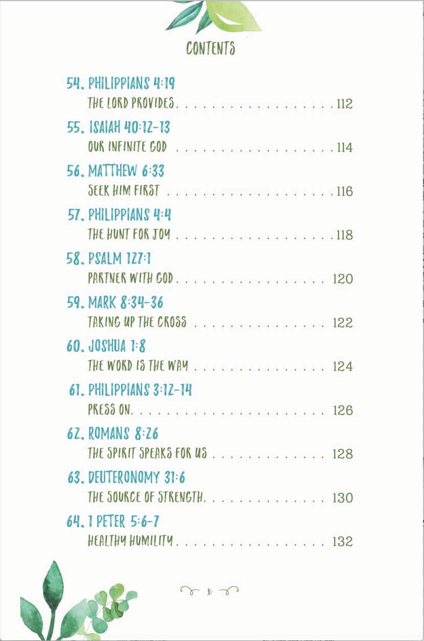 Table of contents with chapter titles and page numbers on a white background with green leaf designs.