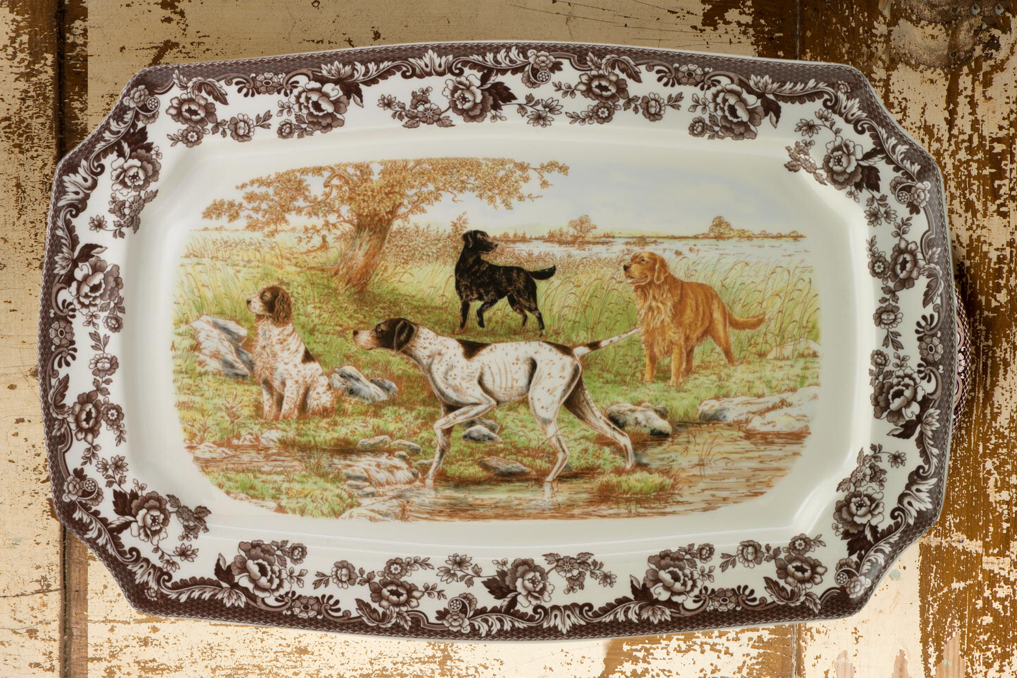 Woodland Rectangular Platter 17.5 Inch, Dog Scene