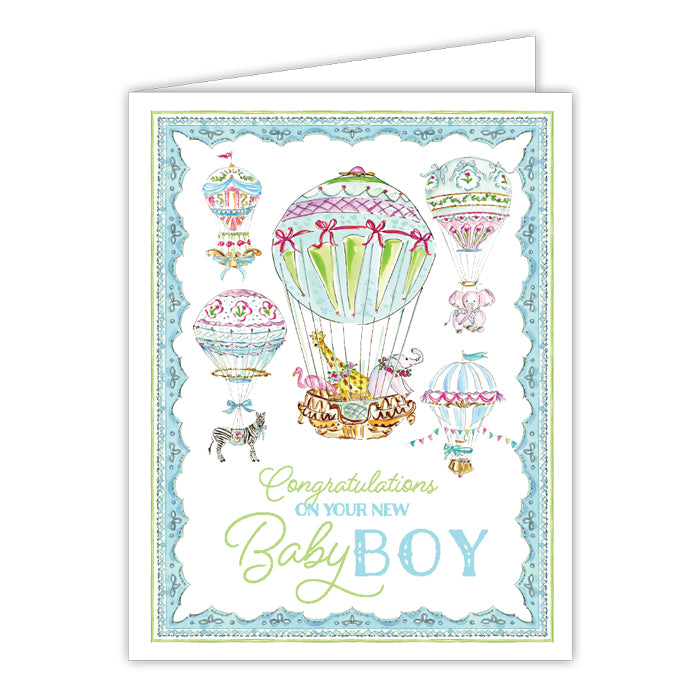 Handpainted Congratulations on your New Baby Boy Hot Air Balloons Greeting Card