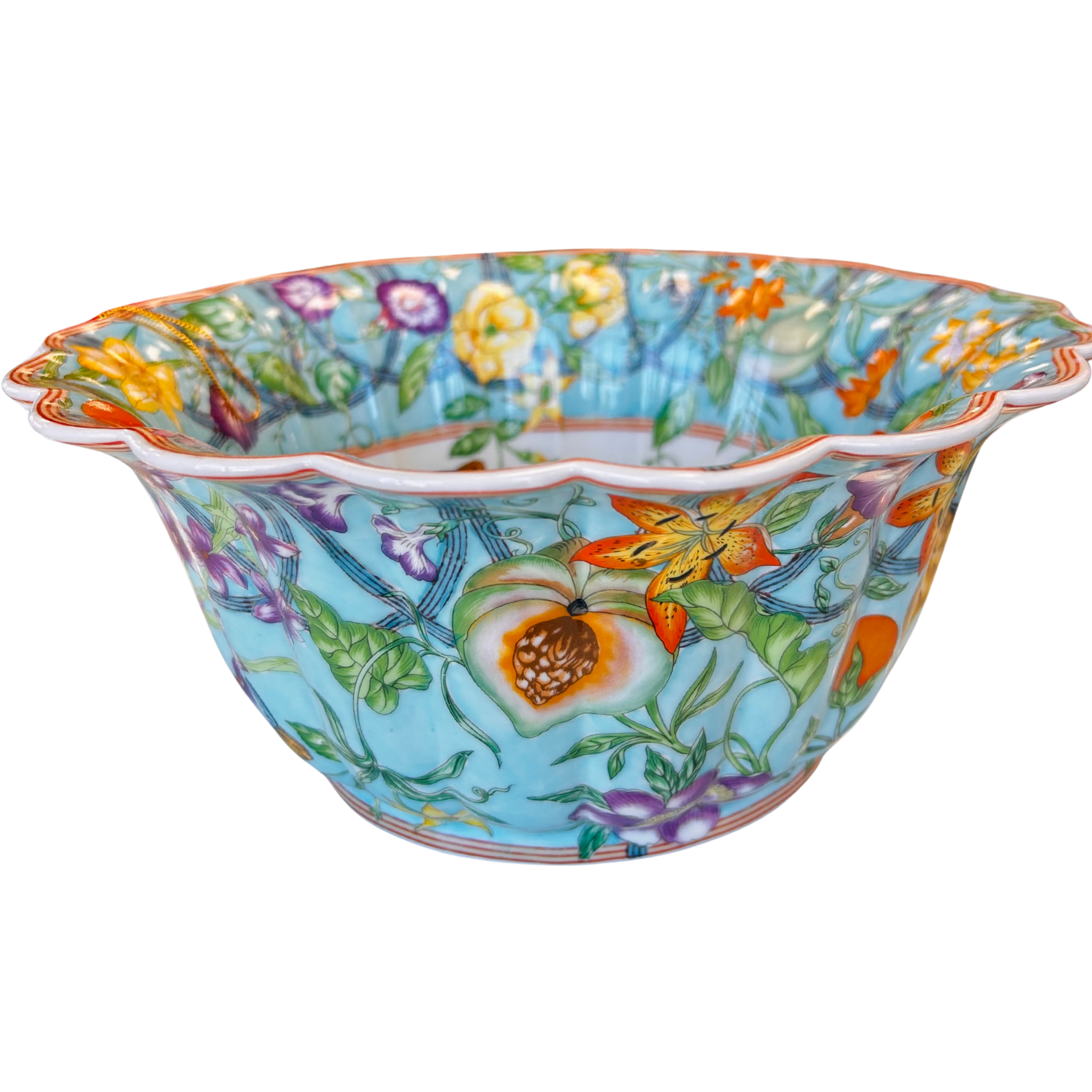 Turquoise Morning Glory 10" Scalloped Porcelain Bowl