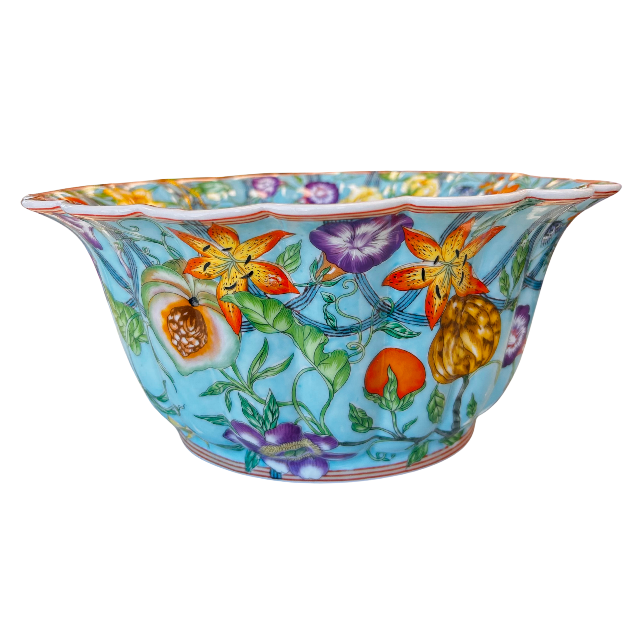 Turquoise Morning Glory 10" Scalloped Porcelain Bowl