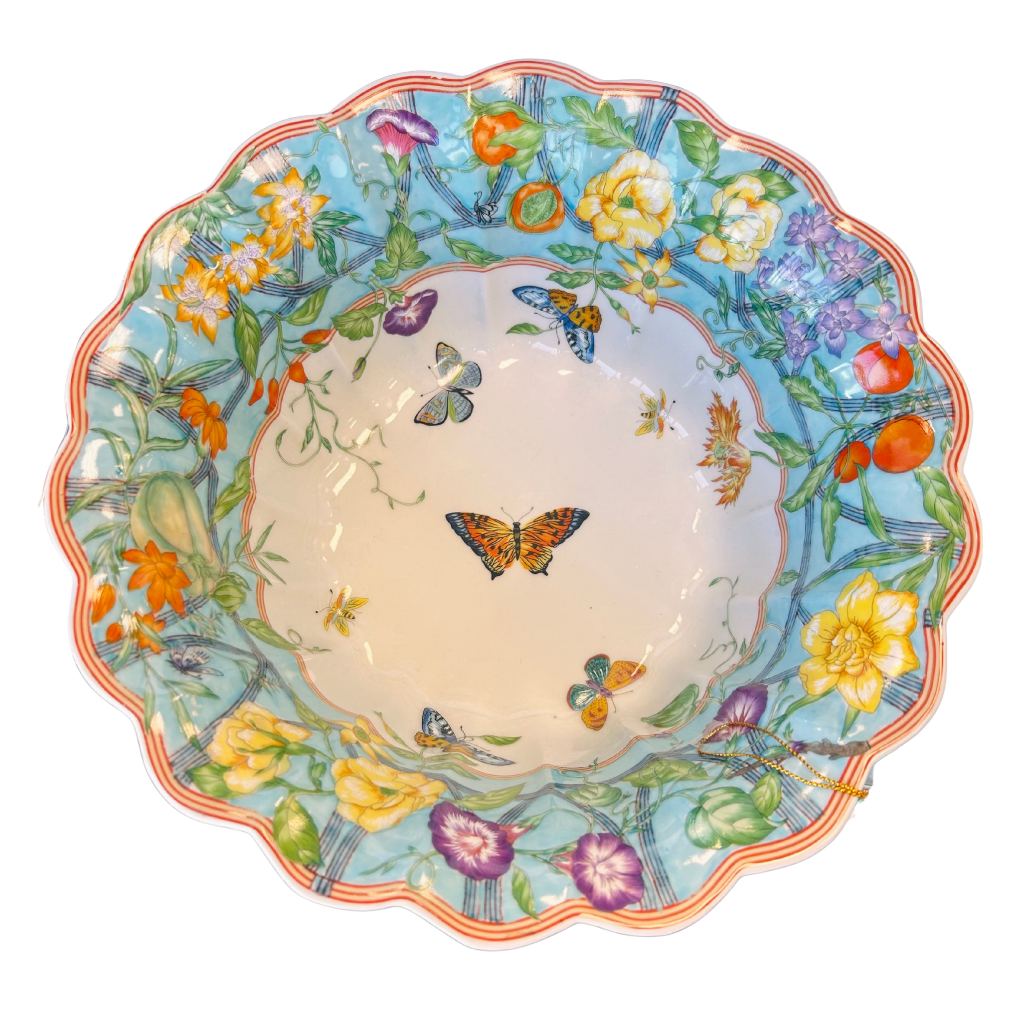 Turquoise Morning Glory 10" Scalloped Porcelain Bowl