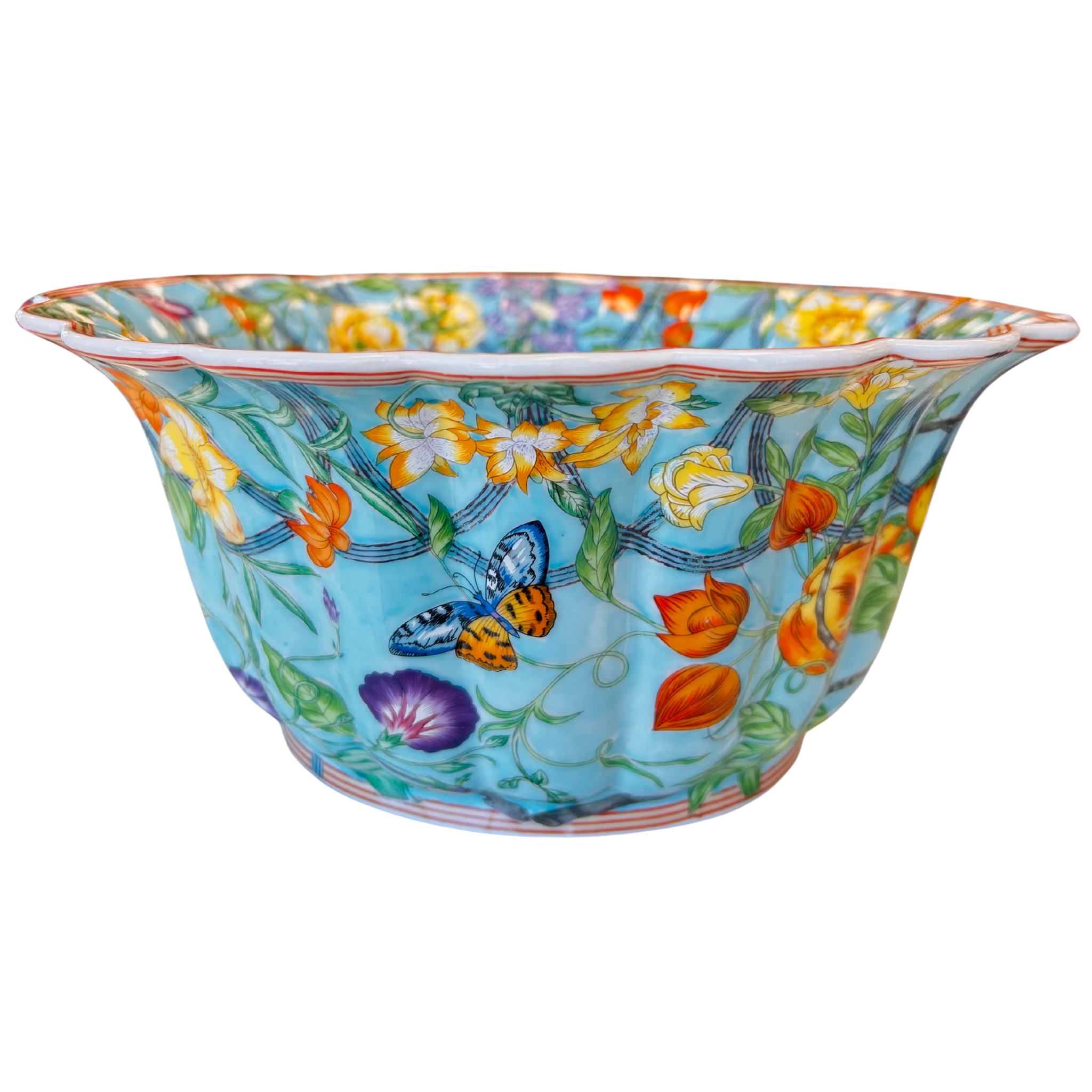 Turquoise Morning Glory 10" Scalloped Porcelain Bowl