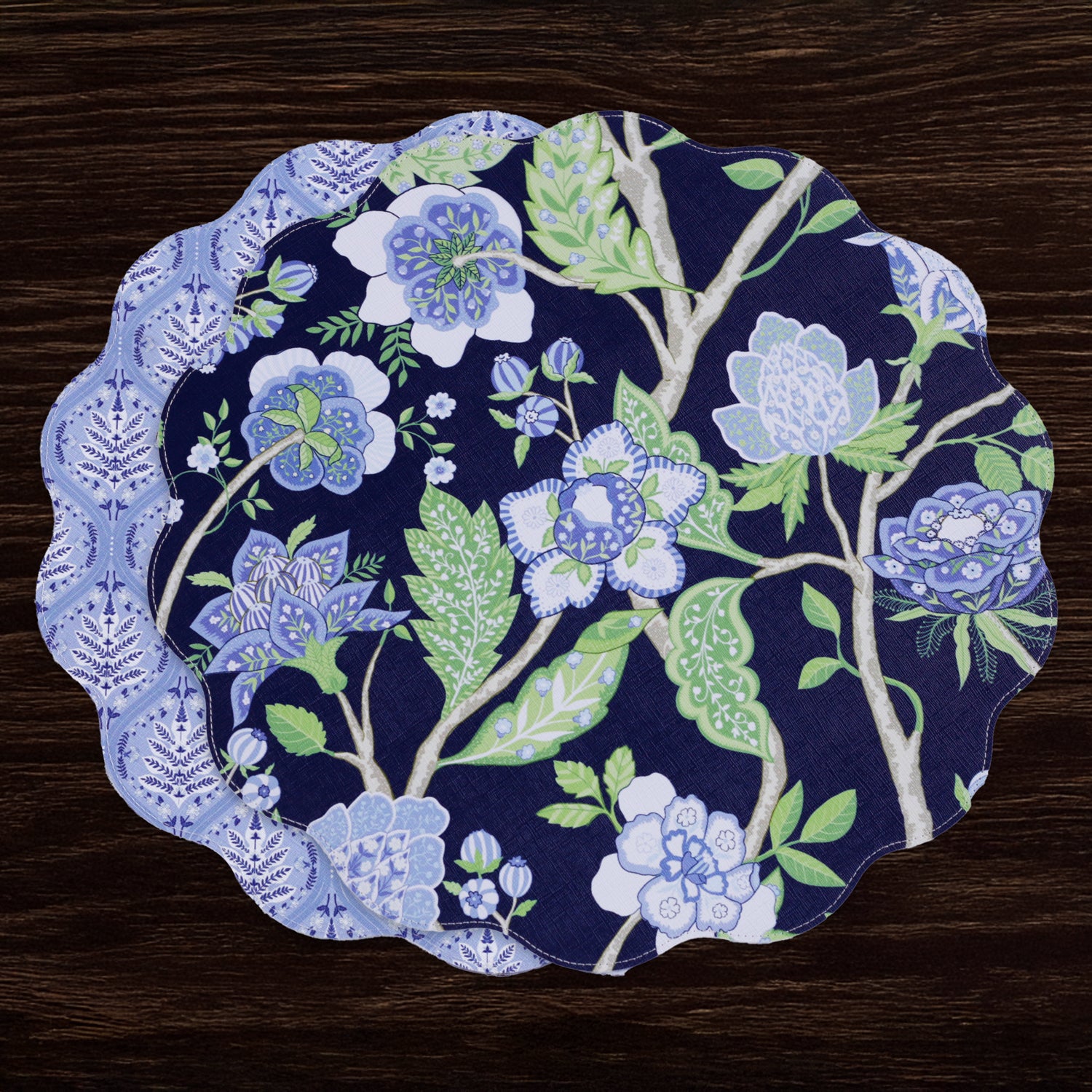 VIDA Blooms & Branches Reversible Round Placemats (Navy and Green)