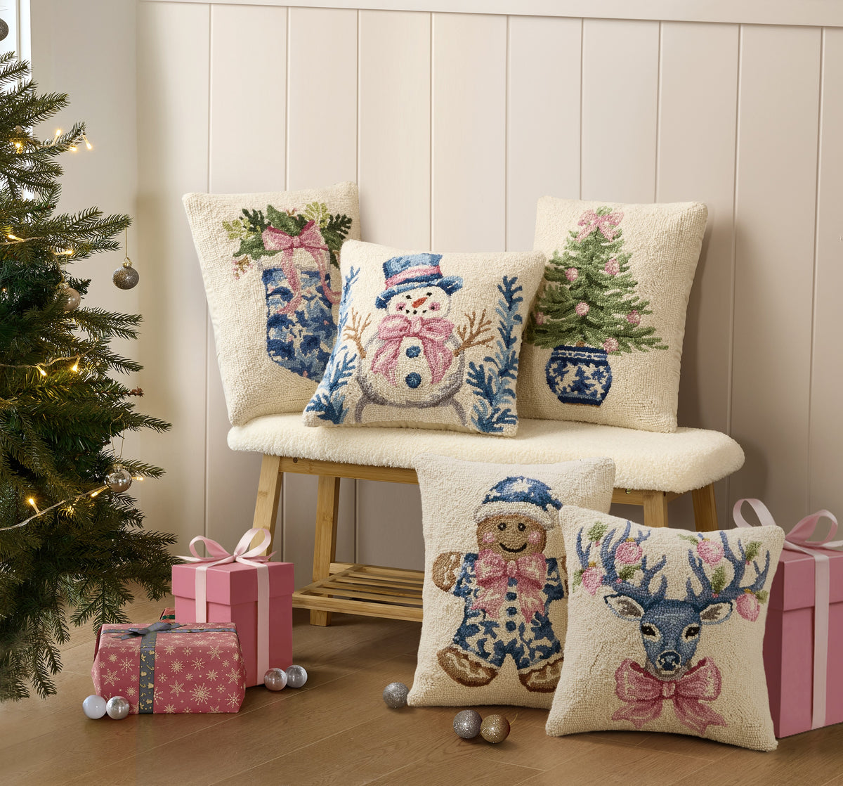 Christmas Tree in Blue and White Pot Hook Pillow