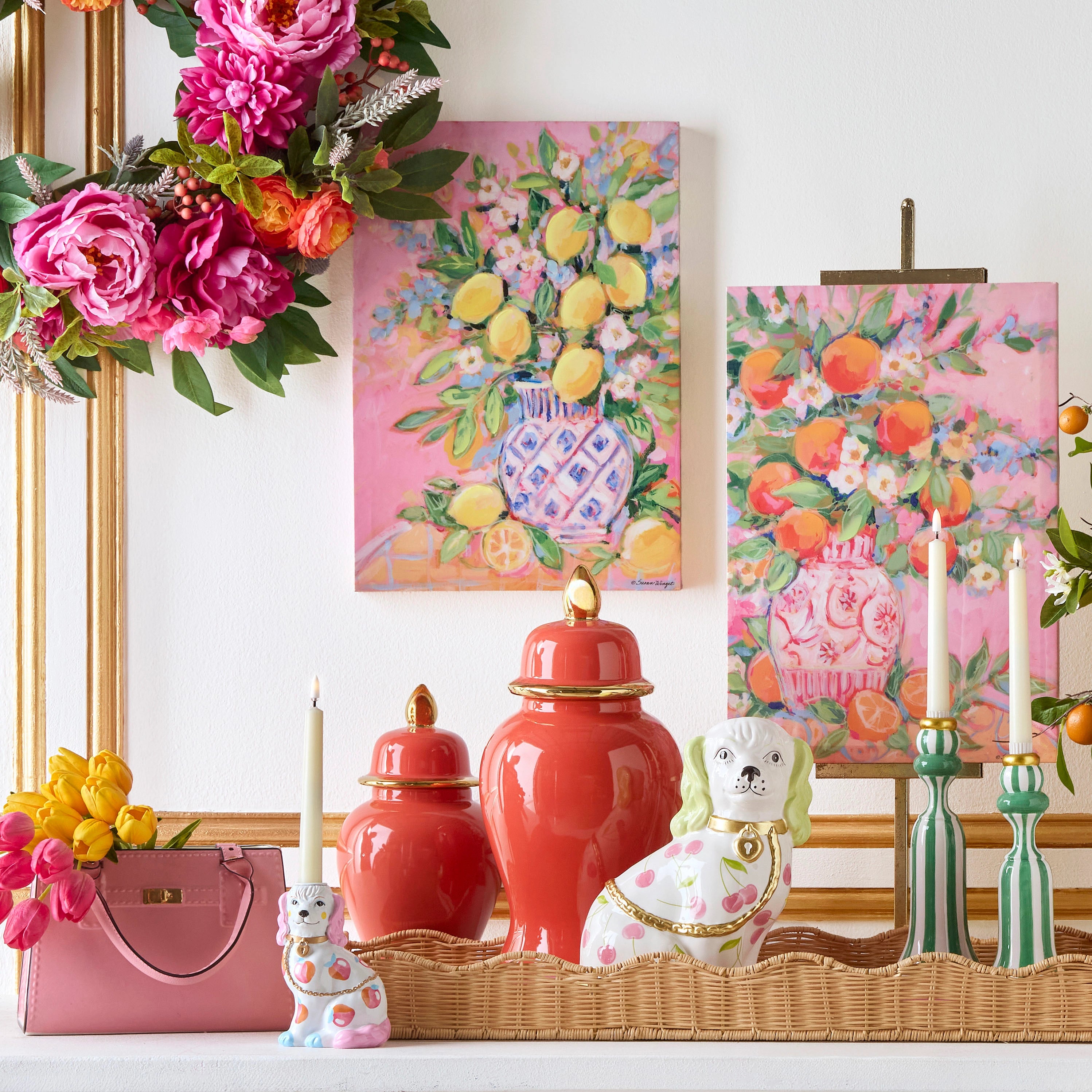 10" Green Stripe Candlesticks | Set of 2