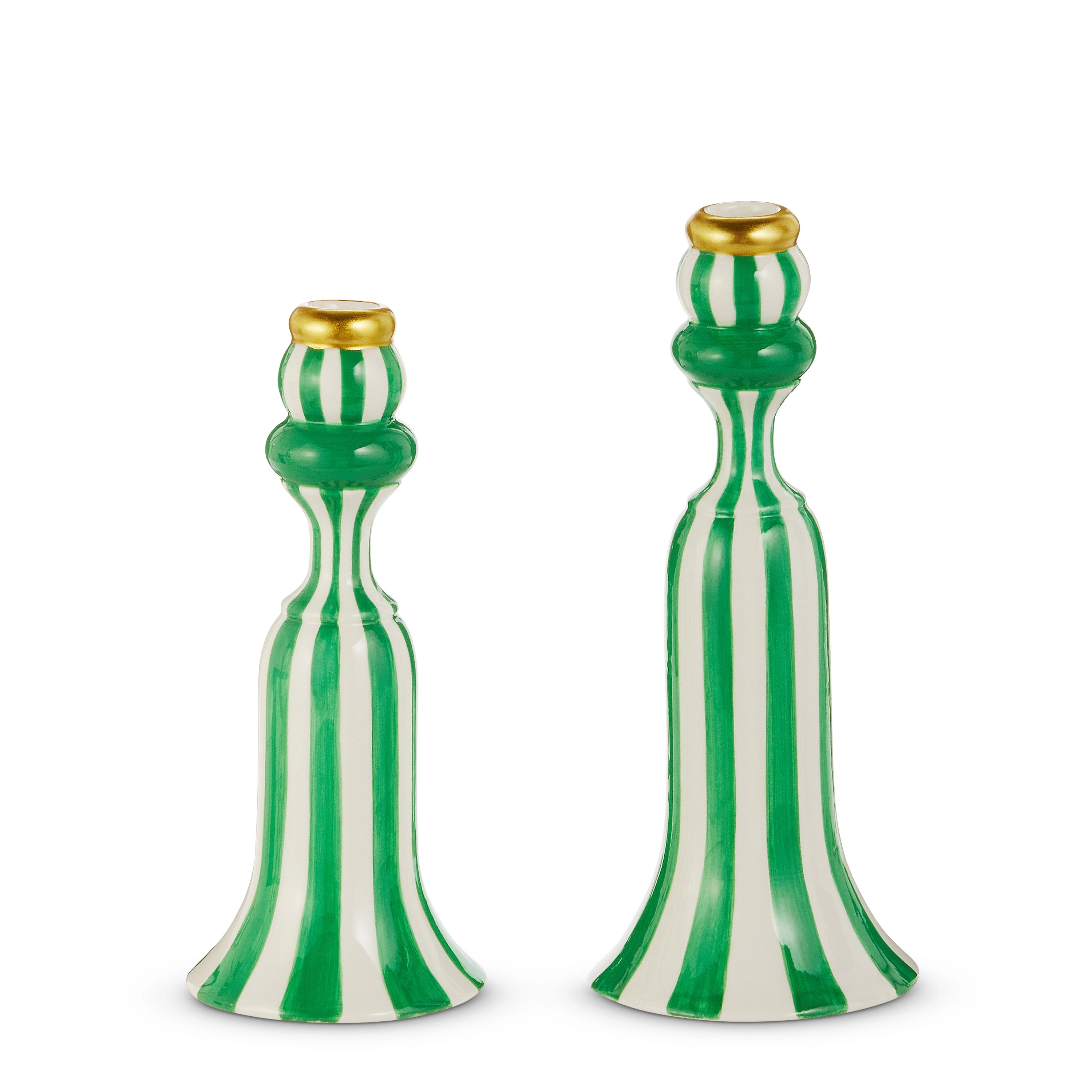 10" Green Stripe Candlesticks | Set of 2
