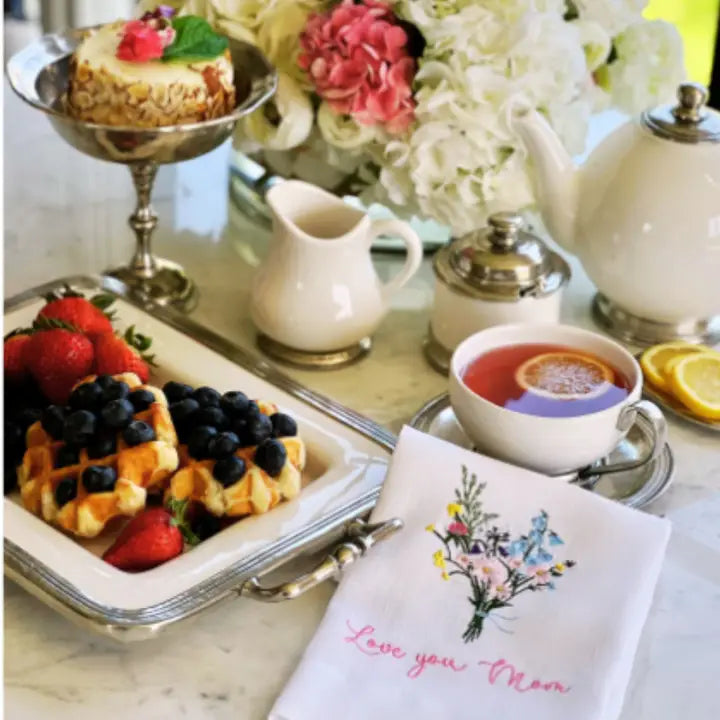 Love You Mom with Bouquet Linen Tea Towel