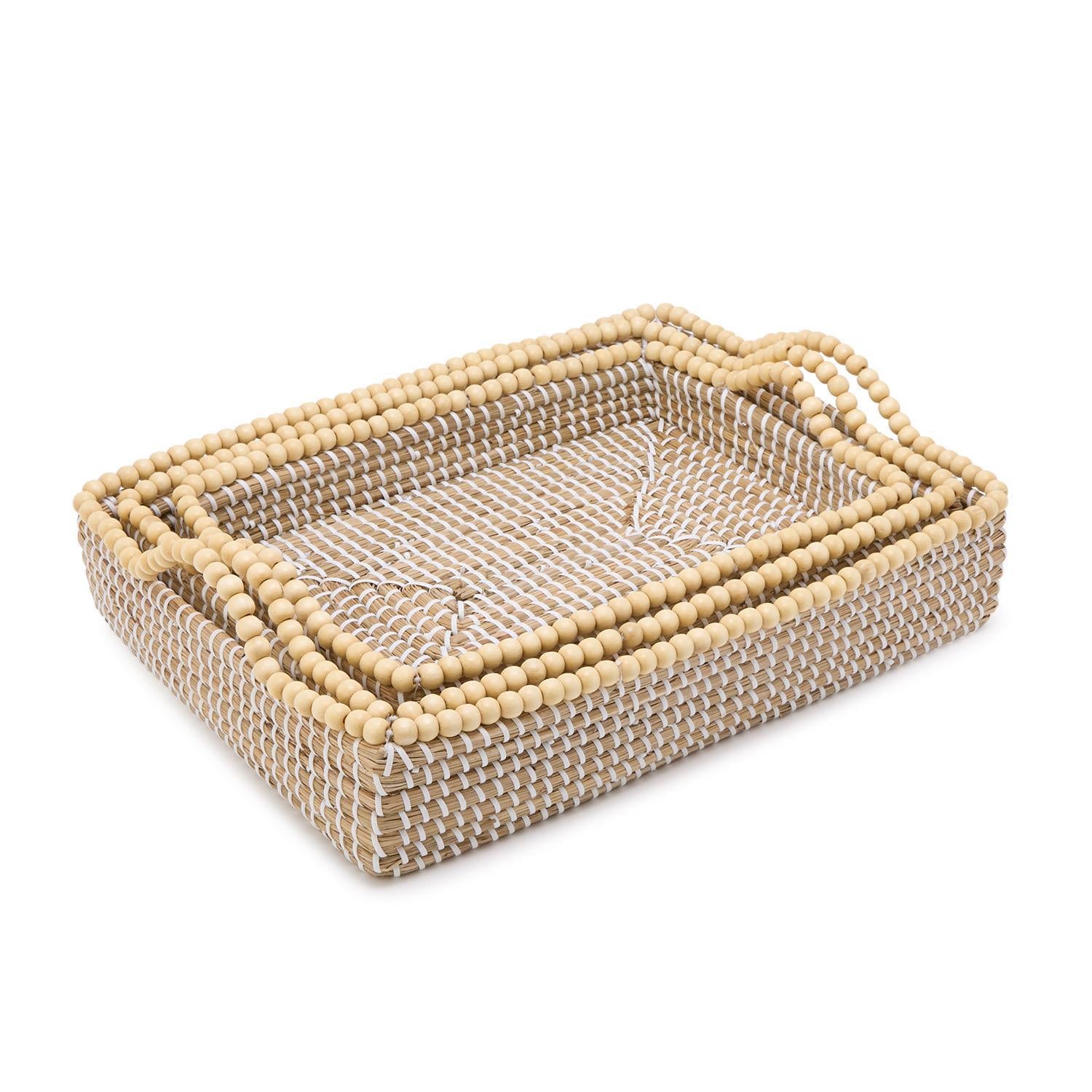 Natural Seagrass Rectangle Tray with Wooden Bead Accent