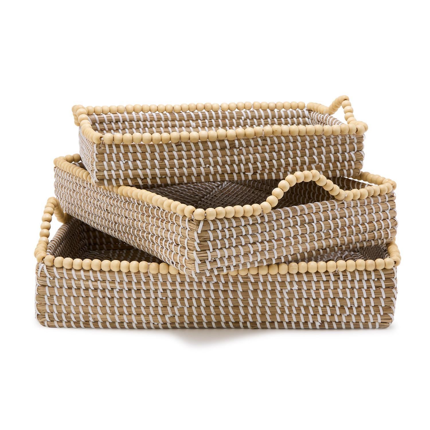 Natural Seagrass Rectangle Tray with Wooden Bead Accent