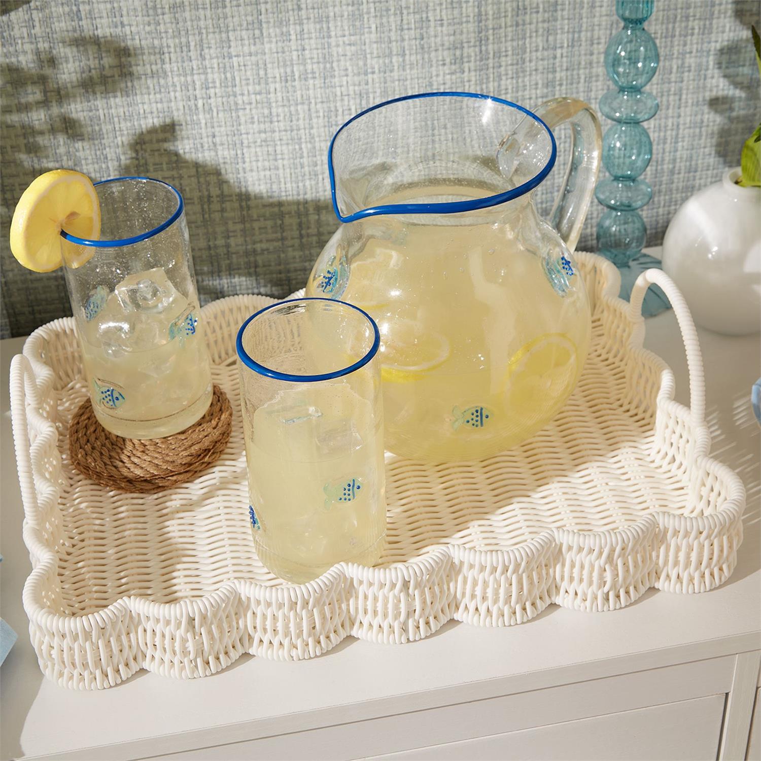 All Weather Wicker Scalloped Edge Serving Tray with Handles