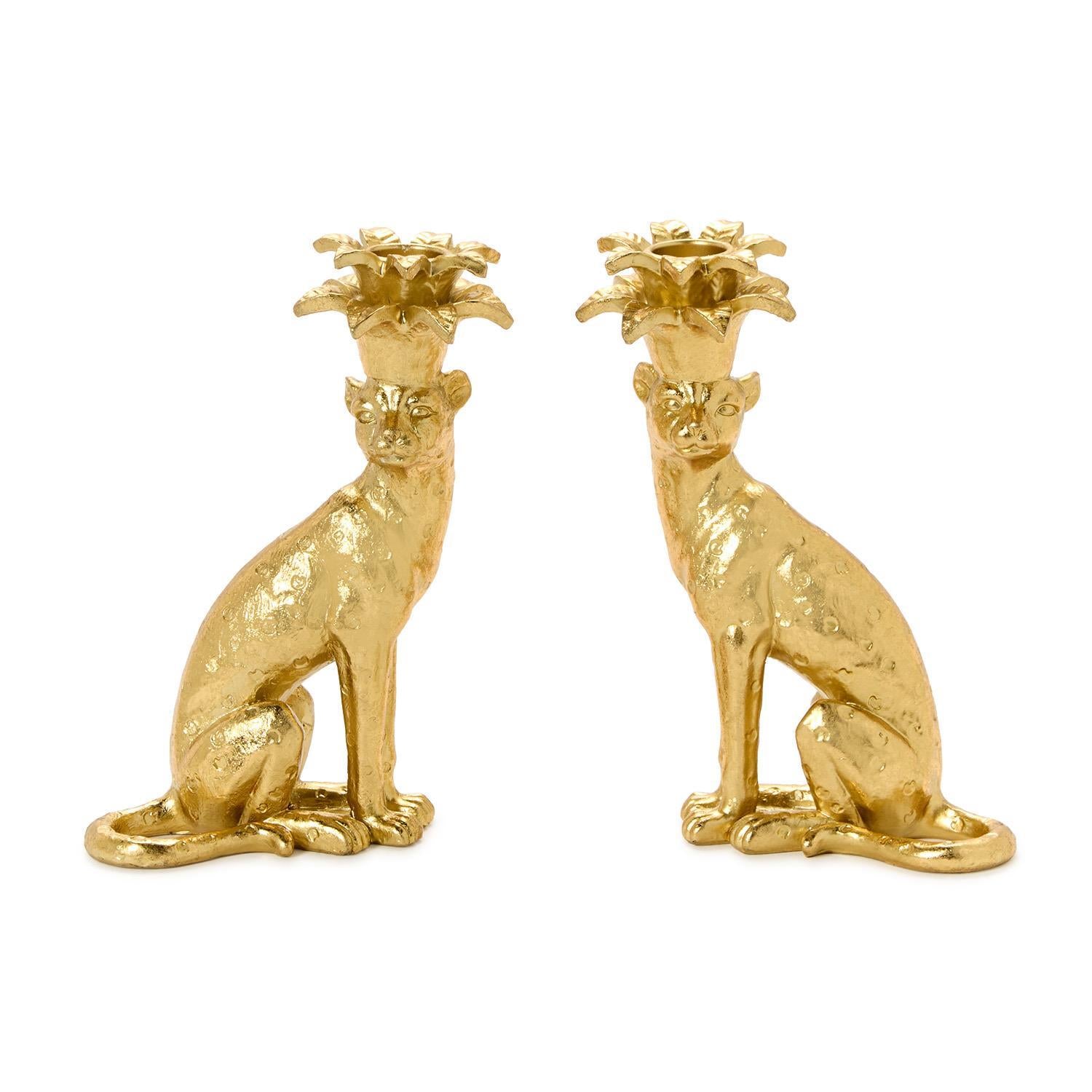 Gold Leopard Taper Candlestick Candleholders | Set of 2