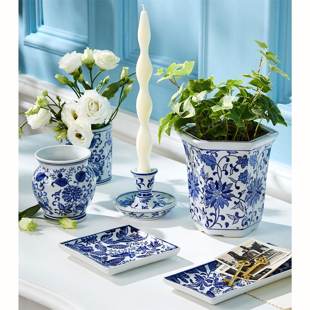 Blue and White Chinoiserie Taper Candleholders | Set of 2