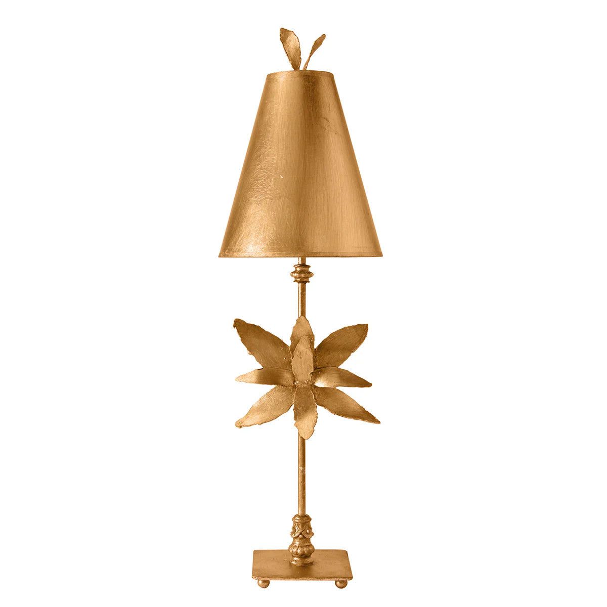 Gold table lamp with decorative base on a white background