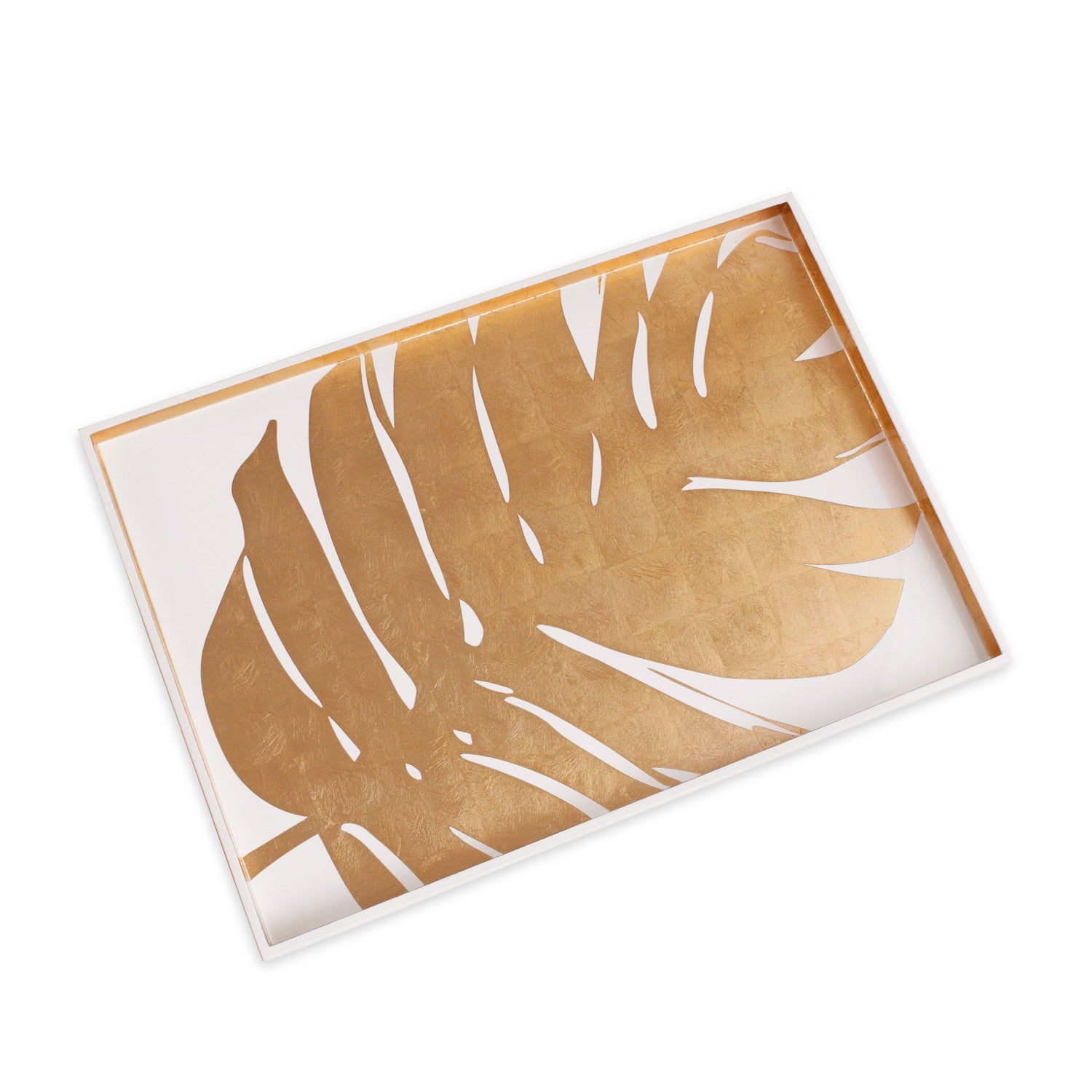 INDOCHINE Large Lacquered Philodendron Tray (White and Gold)