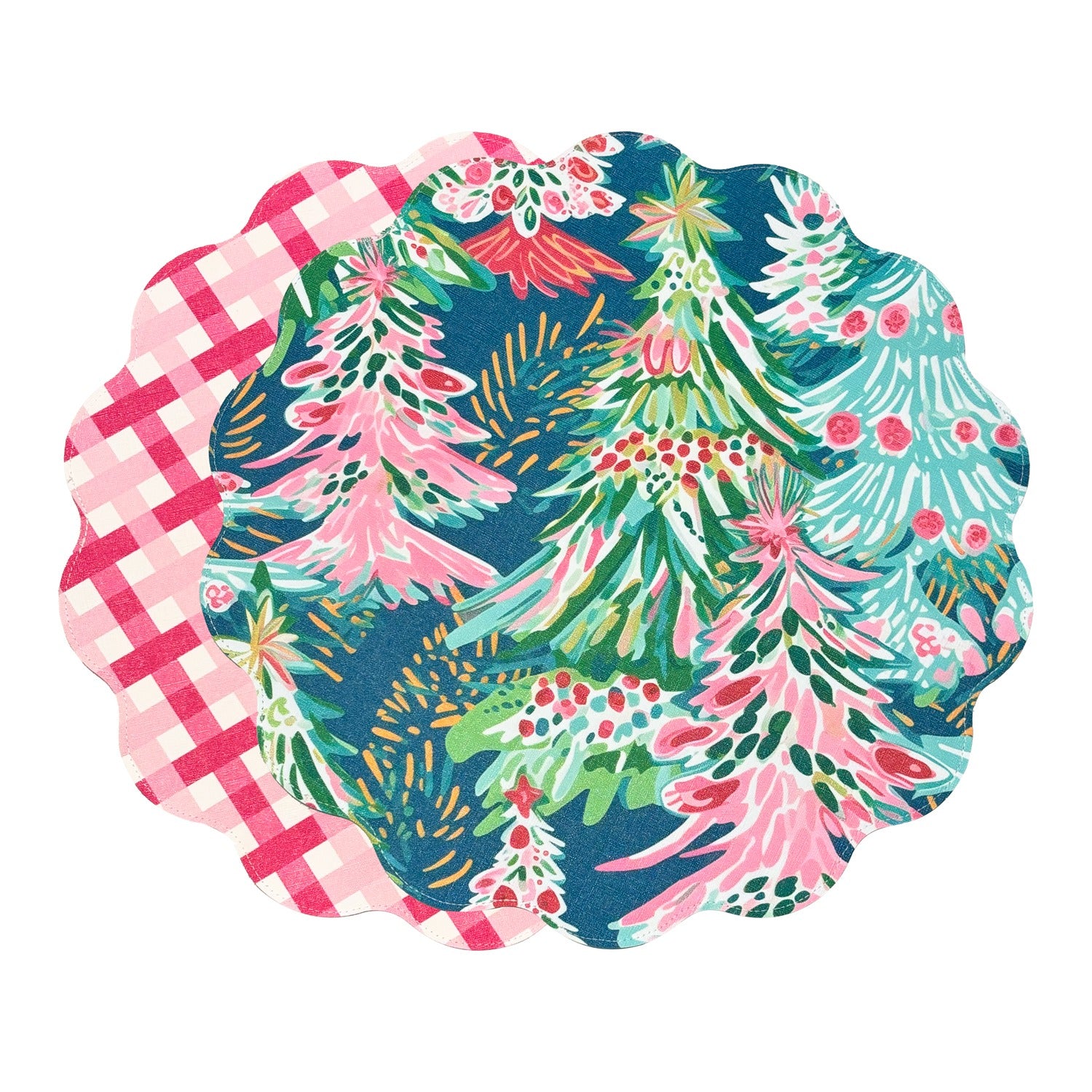 VIDA Holiday Trees and Preppy Plaid Reversible Round Placemats | Set of 4