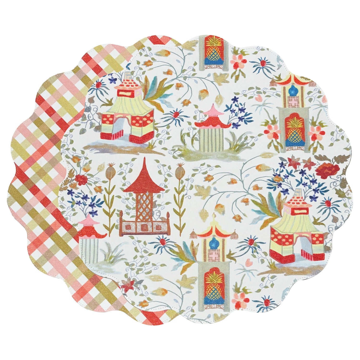 VIDA Pagoda and Carlie Plaid Reversible 15.5" Round Placemats | Set of 4