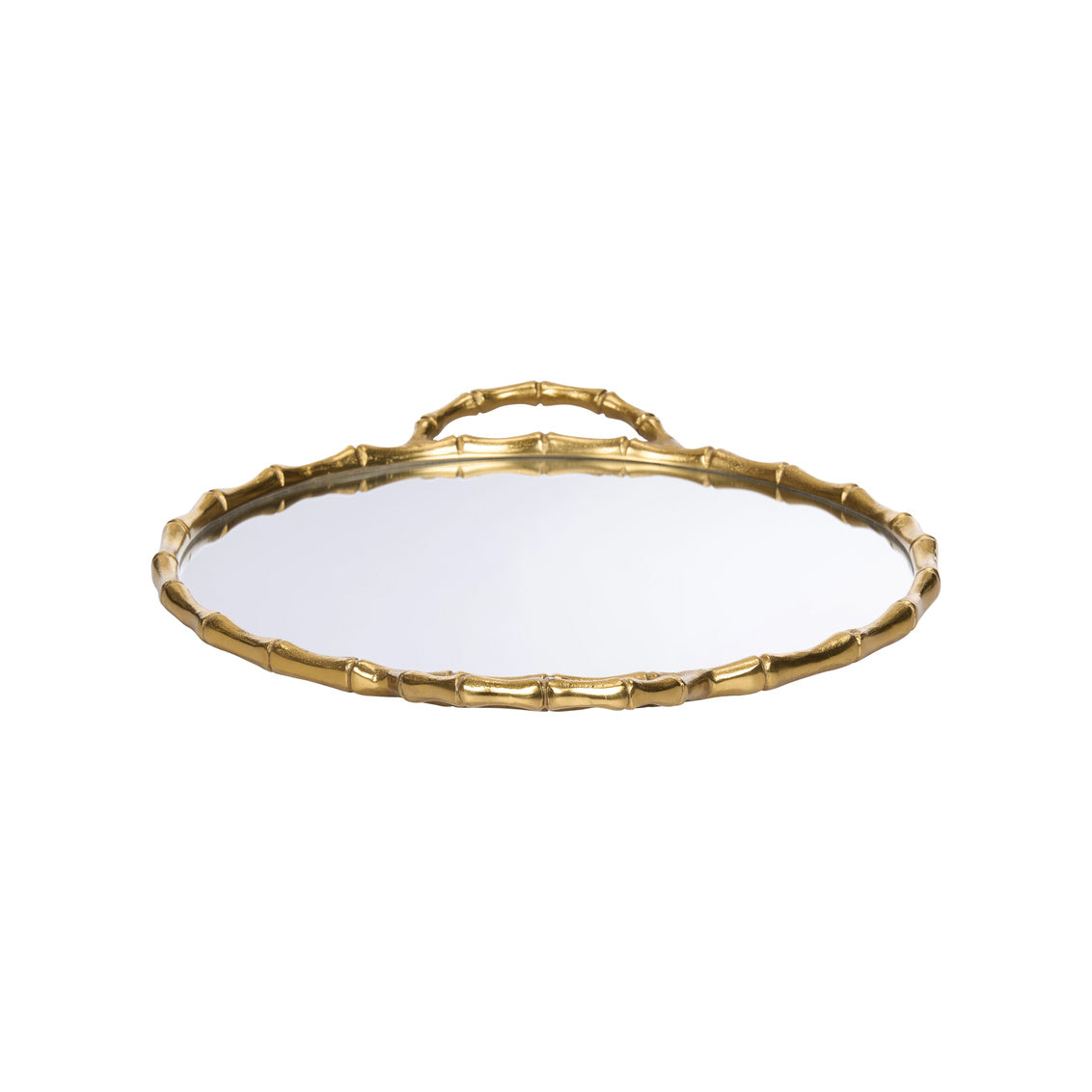 Round mirror with gold metallic frame on a white background