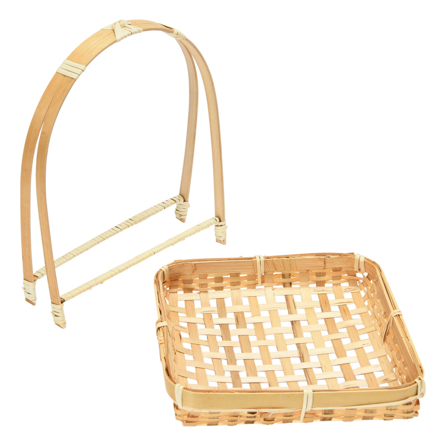Woven basket with a handle on a white background