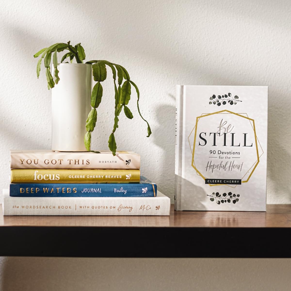 Stack of books on a shelf with a plant and a book titled 'Be Still'.