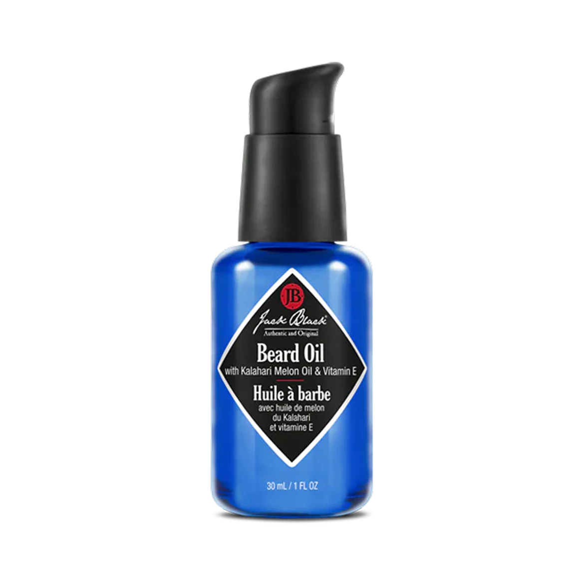 Blue bottle of Jack Black beard oil on a white background