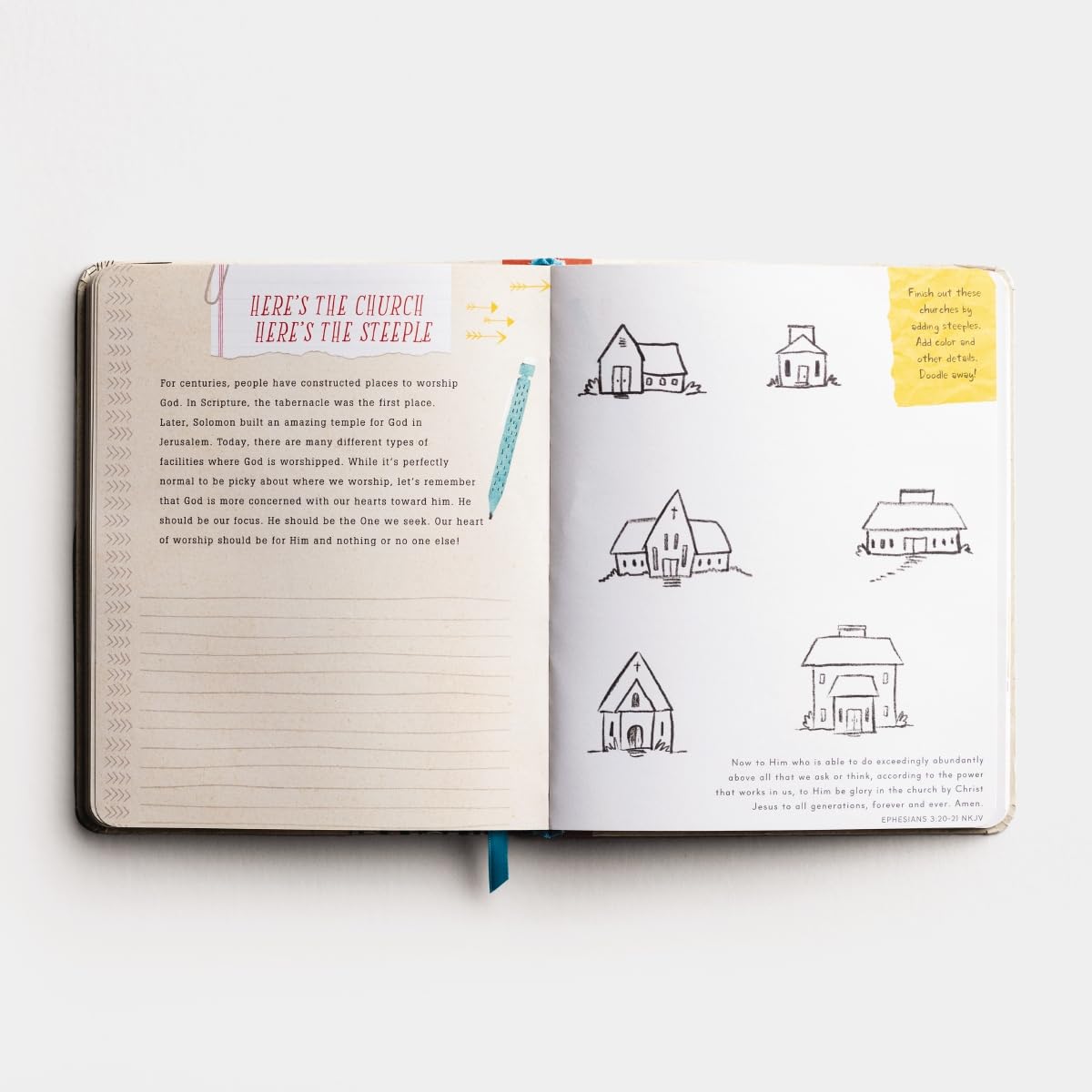 Open notebook with illustrations and text on a white background