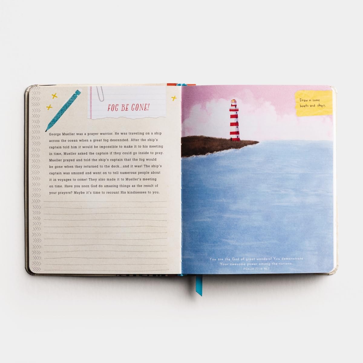 Open book with a lighthouse illustration on a white background